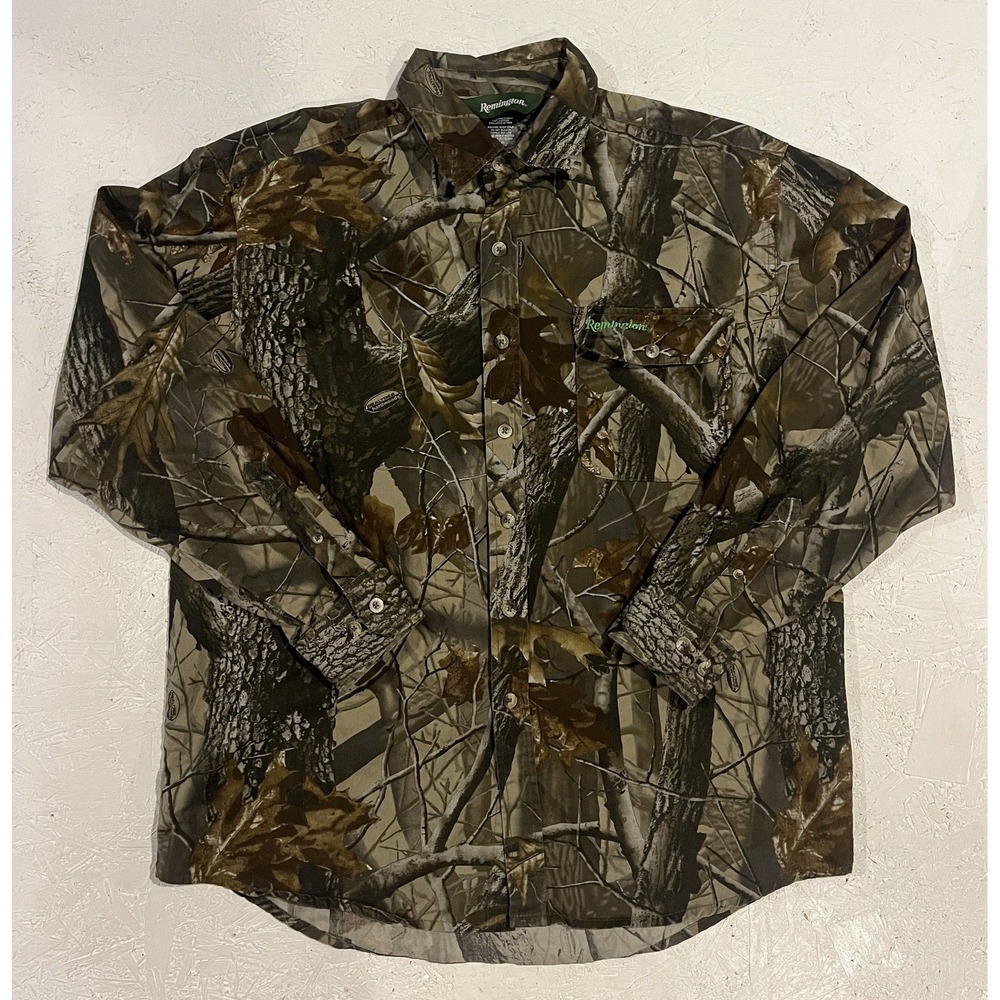 Remington Camo Hunting Shirt Men's Large‎ Button Up Long Sleeve Woodland Pocket